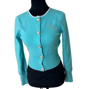 Forever 21 Hello Kitty Cropped Cardigan Sz S Teal Knit 50th Anniversary teencore